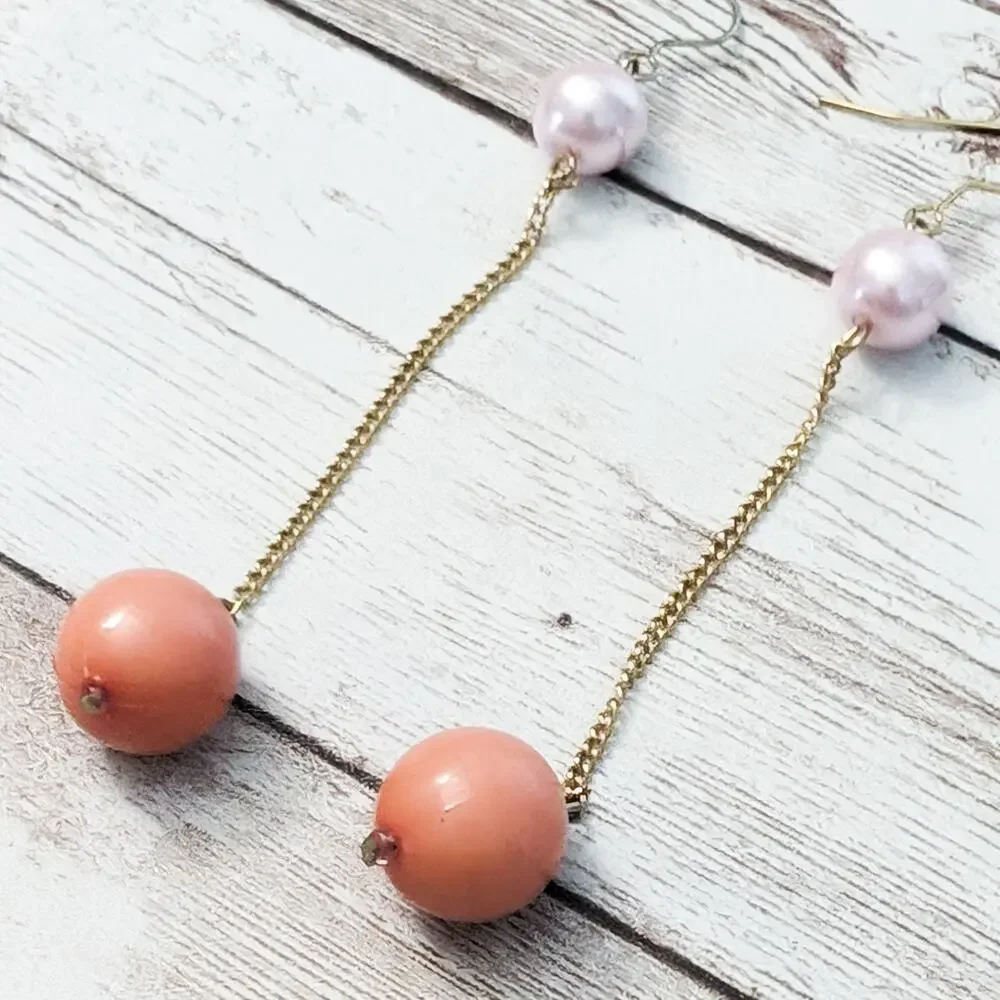 Vintage Earrings For Pierced Ears - Long Pink/Peach Faux Pearl Dangle